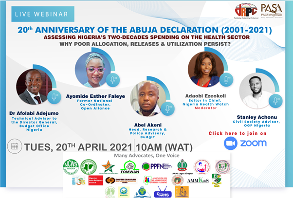 20th Anniversary of the Abuja Declaration (2001-2021) Assessing Nigeria’s two-decades spending on the health sector: why poor allocation, releases & utilization persist?